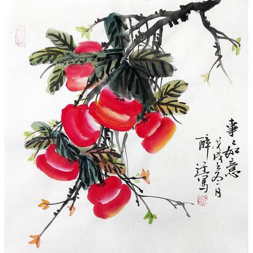 纯手绘手工中国画真迹字画房间挂画过道酒店写意镜框柿子事事如意【10