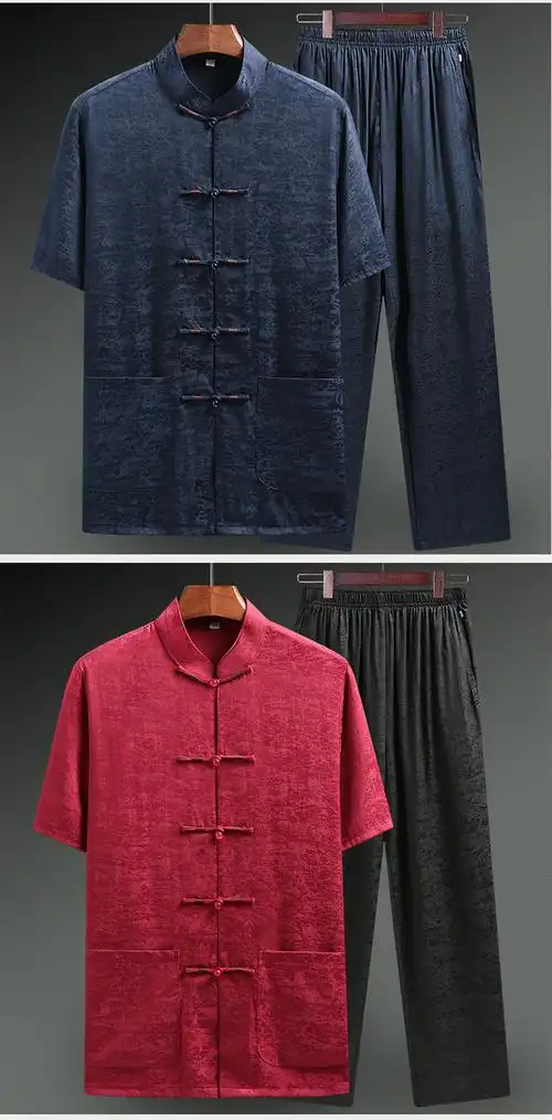 唐装男士薄款短袖套装老人爷爷夏天衣服中国风男装中老年爸爸夏装红色