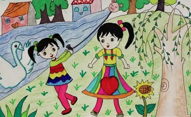 春天我们去郊游儿童画