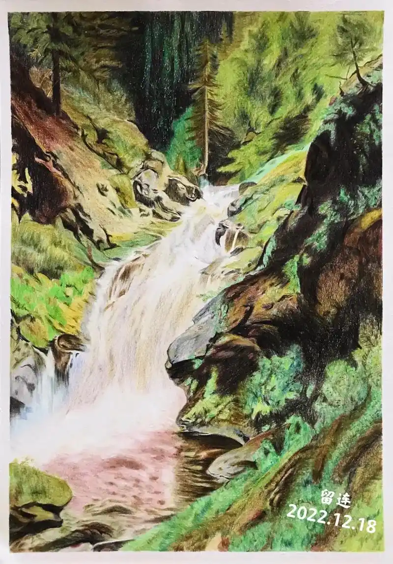 彩铅画丨瀑布#画画 #手绘 #一起学画画 #原创 #治愈系风 - 抖音
