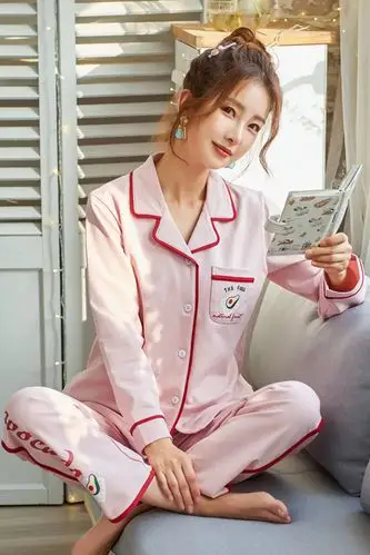 睡衣女春秋季女士棉质长袖可爱家居服女装简约薄款开衫套装可外穿