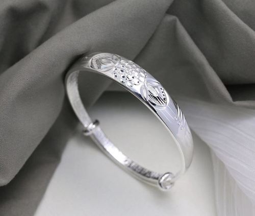 香港正生纯银999千足银七彩花开富贵推拉手镯纯银母亲节送妈妈礼