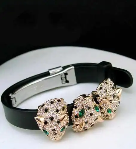 卡地亚黑色皮圈皮带豹子头猎豹水晶手链手镯ga170998ai1570