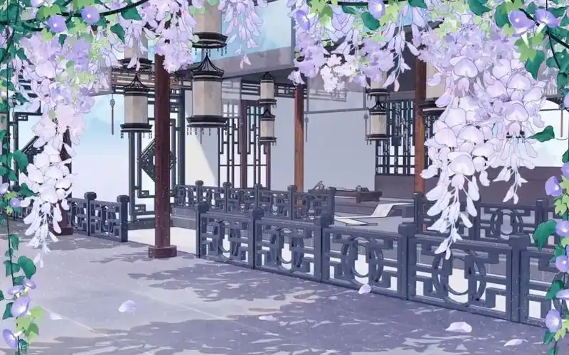 古风走廊紫藤花落vup虚拟主播直播背景展示