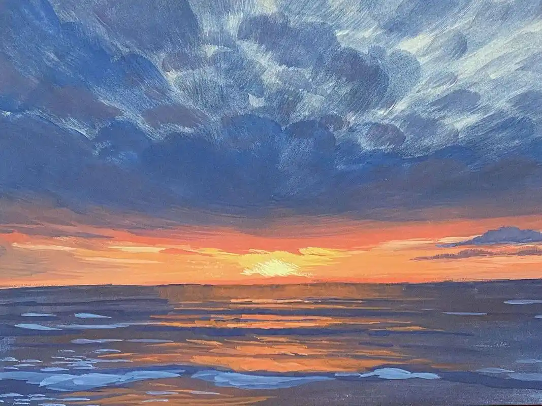 不透明水彩 水粉画 海边的日落 夕阳 这张录了视频 大家喜欢就剪出来