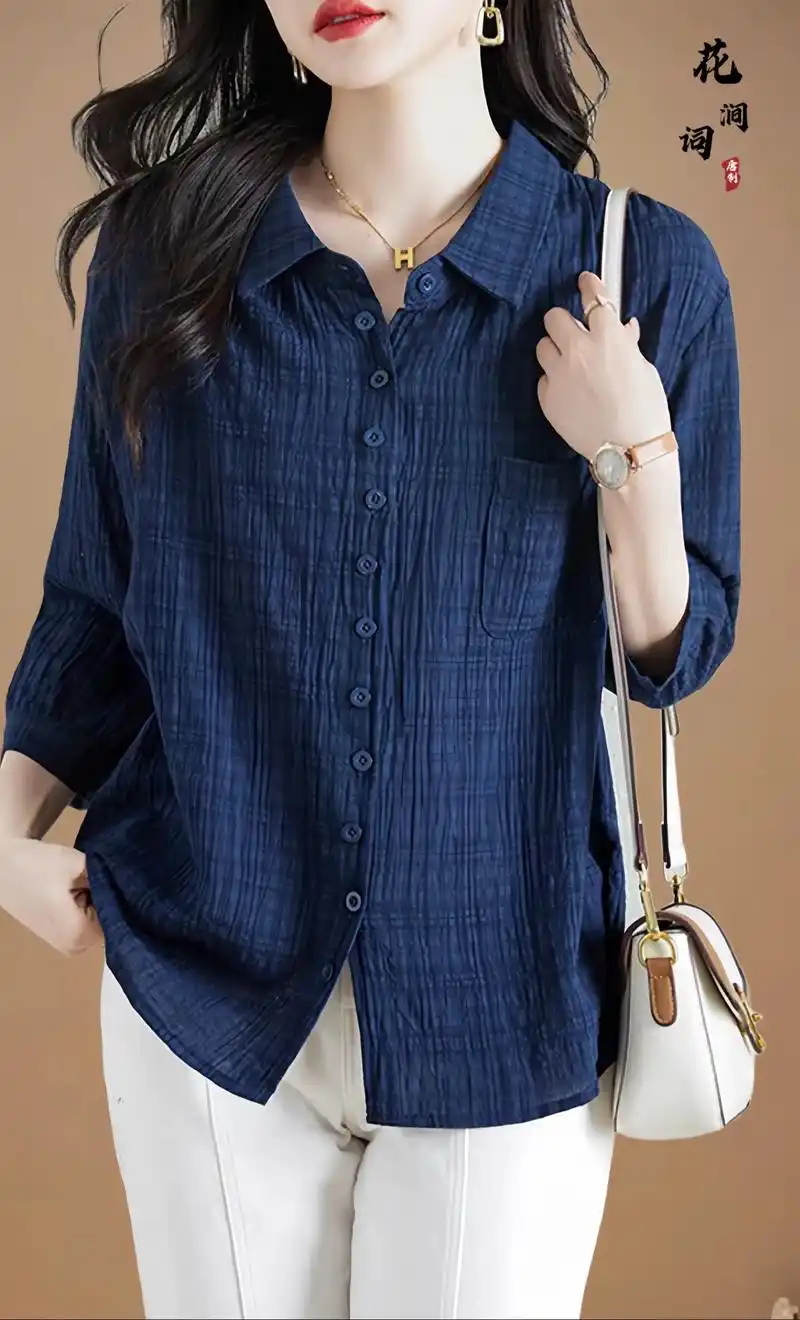 七分袖蓝色小众衬衫女早秋2024年新款时尚气质衬衣宽松流行上衣