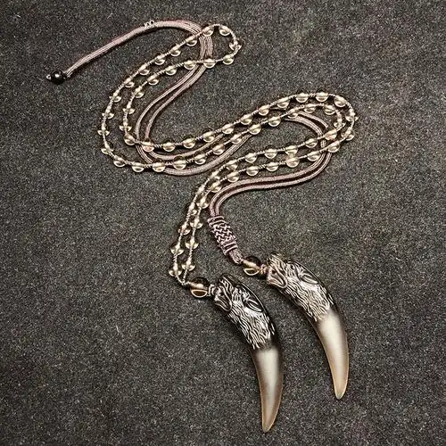 似卿冰种黑曜石狼牙吊坠男士女潮人个性牙齿情侣简约项链挂坠配棉绳