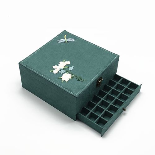 女那 古风绒布木质首饰盒带锁多层大容量中国风刺绣饰品盒礼品盒