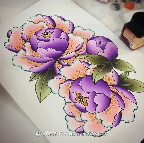 大腿新传统牡丹纹身手稿