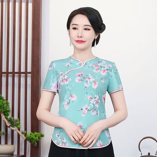 中凡智夏季妈装复古显瘦短旗袍中年女装民族风短袖t恤裙子两件套 绿色