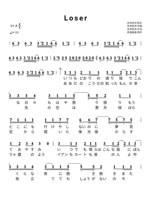 loser简谱 -苍强曲谱