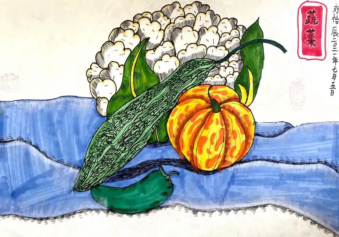 儿童绘画《蔬菜》马克笔 线描 色粉 写生 6-9岁儿童绘画 线描 写生