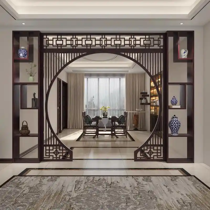 新中式实木月亮门屏风隔断客厅大厅圆拱门玄.