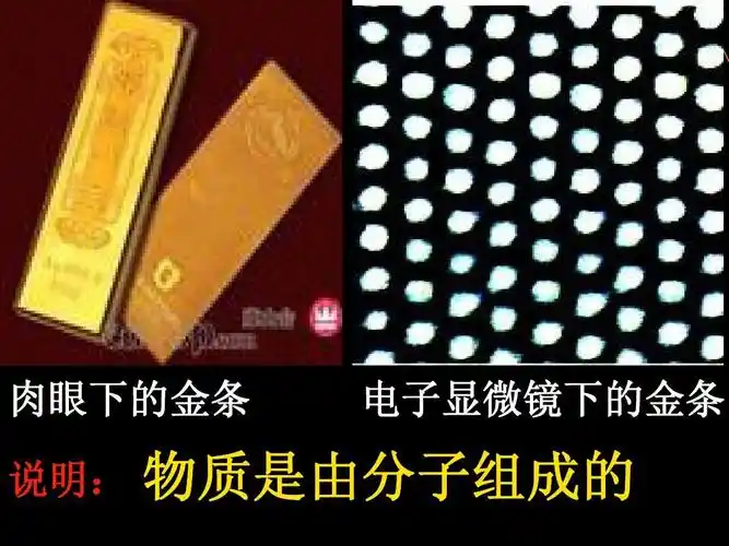 肉眼下的金条 说明: 电子显微镜下的金条 物质是由分子组成的