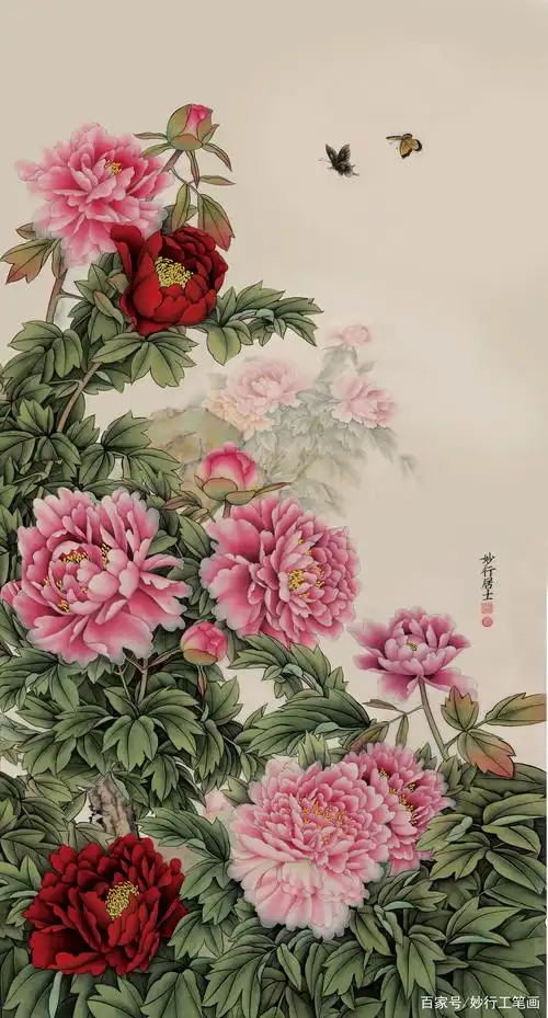 妙行居士手绘工笔画牡丹花白玉兰