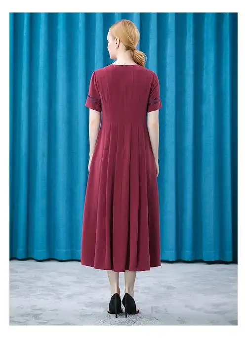 voa30姆米真丝重磅圆领高腰育克褶宽大裙摆色织提花拼接连衣裙ae689