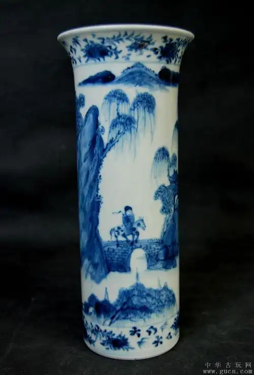 清光绪青花山水人物纹筒瓶[外销瓷回流]