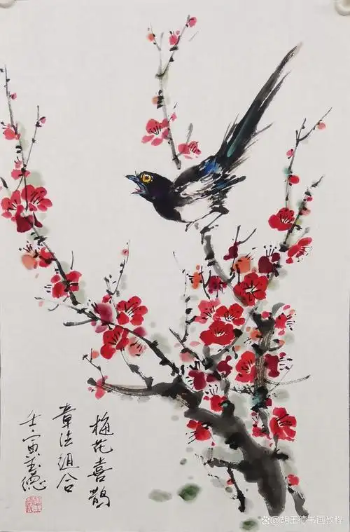 喜鹊国画组合(柿子,梅花,雪地)讲解