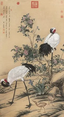 郎世宁 仙鹤立轴