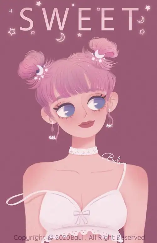 甜美双丸子头小姐姐bali原创插画