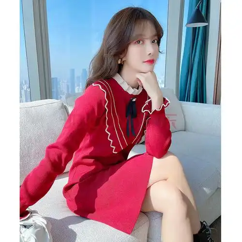 今年流行的春季红色针织连衣裙春装新款女过年喜庆女装早春款新年裙子