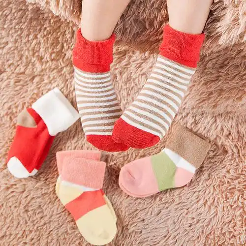 4双装婴儿袜子秋冬季全纯棉新生儿宝宝加厚保暖儿童毛圈袜子