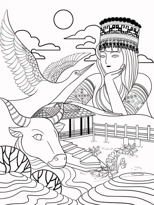 日报风插画苗族姑娘附线稿