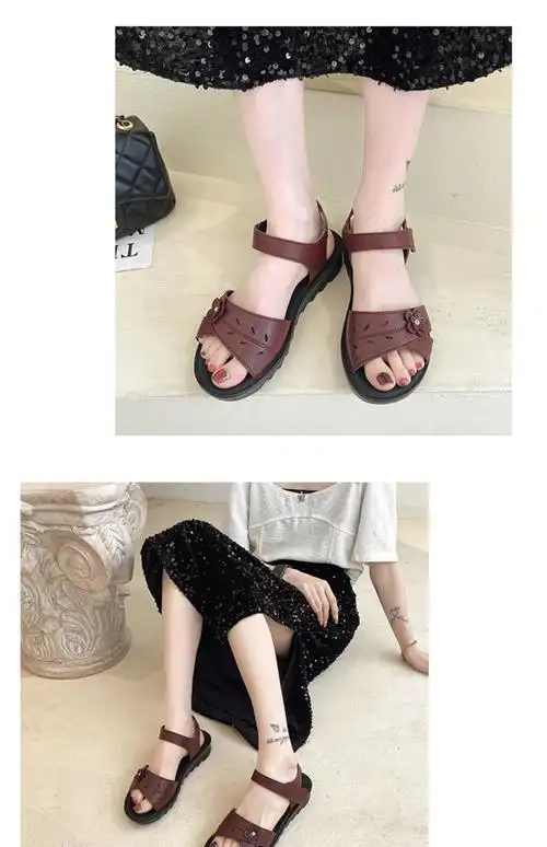 妈妈凉鞋女夏季宽脚肥胖真皮平底中老年防滑奶奶凉拖时尚老人凉鞋