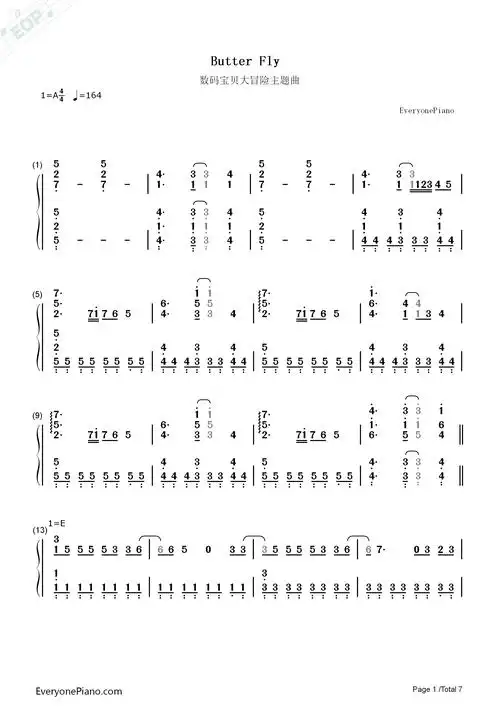 butterfly数码宝贝大冒险主题曲双手简谱预览1