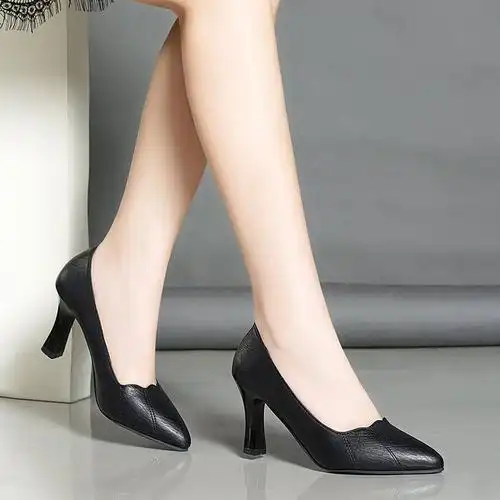 足意尔康真皮单鞋女2022新款高跟鞋细跟职业皮鞋尖头中跟工作女鞋