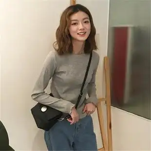 百搭薄款韩系秋季新款简约修身显瘦卷边纯色基础打底长袖t恤女生