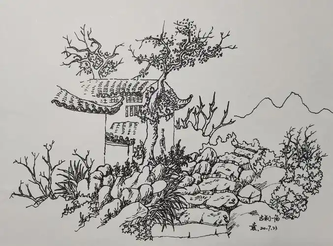 临汤向钢笔画～古刹一角