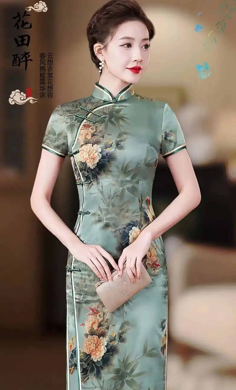 高级妈妈装新款高端气质真丝桑蚕丝旗袍裙～真的美到窒息～面料柔软