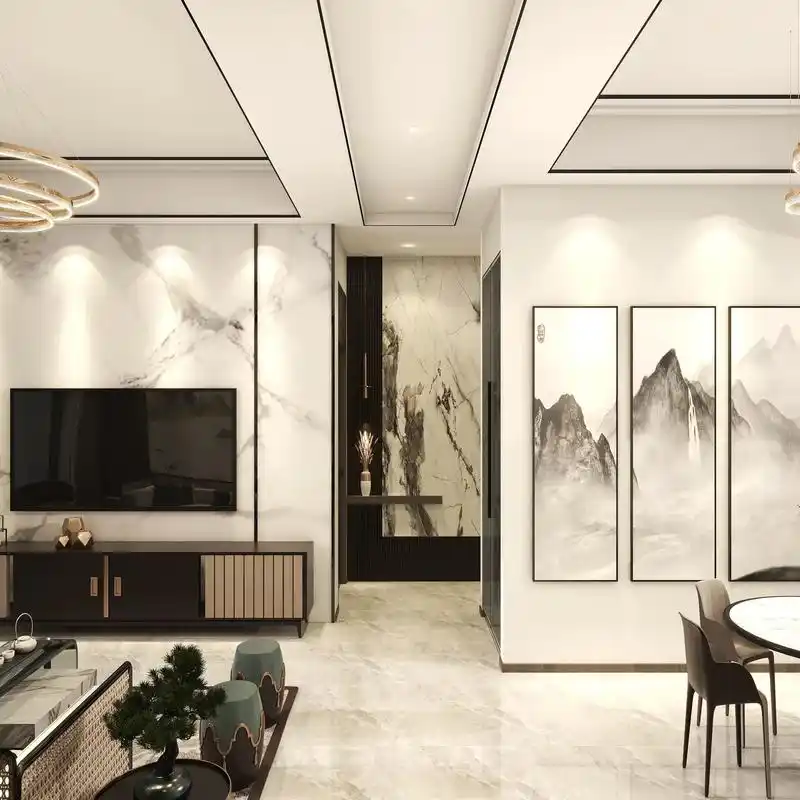 翡翠华庭 140平 新中式设计.客厅:客厅电视背景墙采用木饰 - 抖音