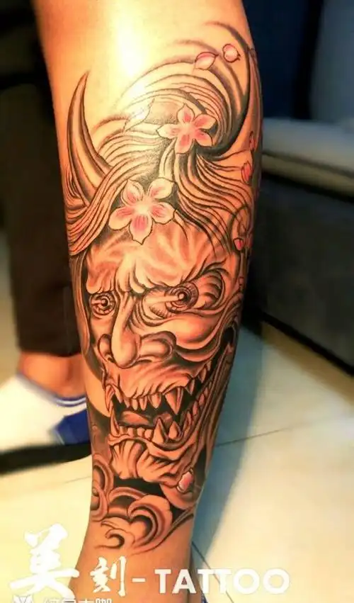 小腿般若纹身图片_腿部传统人物鬼神成品纹身图案