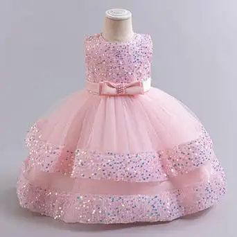 周岁礼服晚会公主裙亮片宝宝生日儿童裙子蝴蝶珍珠婚纱女童连衣裙