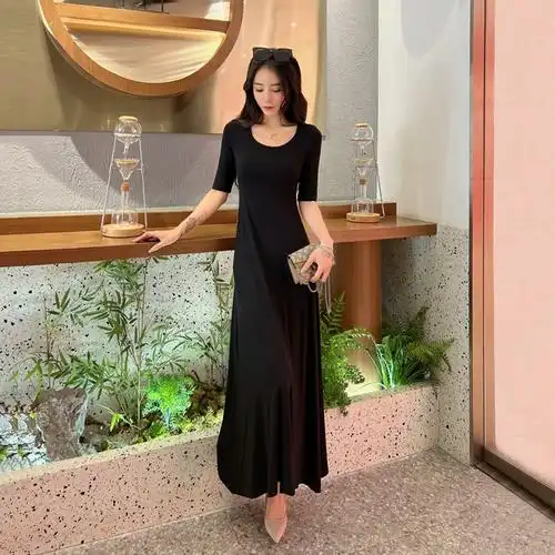 夏季莫代尔高腰显瘦连衣裙黑色连身长裙半袖修身到脚踝简约a字裙