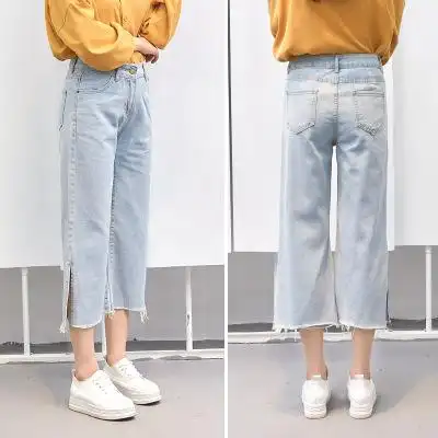 实拍5057#七分裤款韩版开叉阔腿宽松显瘦牛仔裤女学生高腰直筒裤