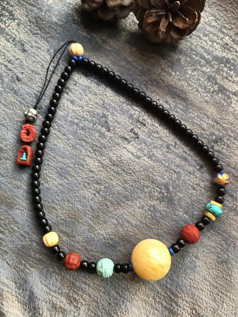 蜜蜡大圆珠南红绿松缅黄青金椰蒂锁骨链 29mm蜜蜡妖花大圆珠,搭配各种