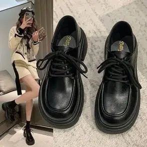 英伦风复古乐福鞋系带厚底百搭黑色单鞋豆豆单鞋黑色玛丽珍小皮鞋