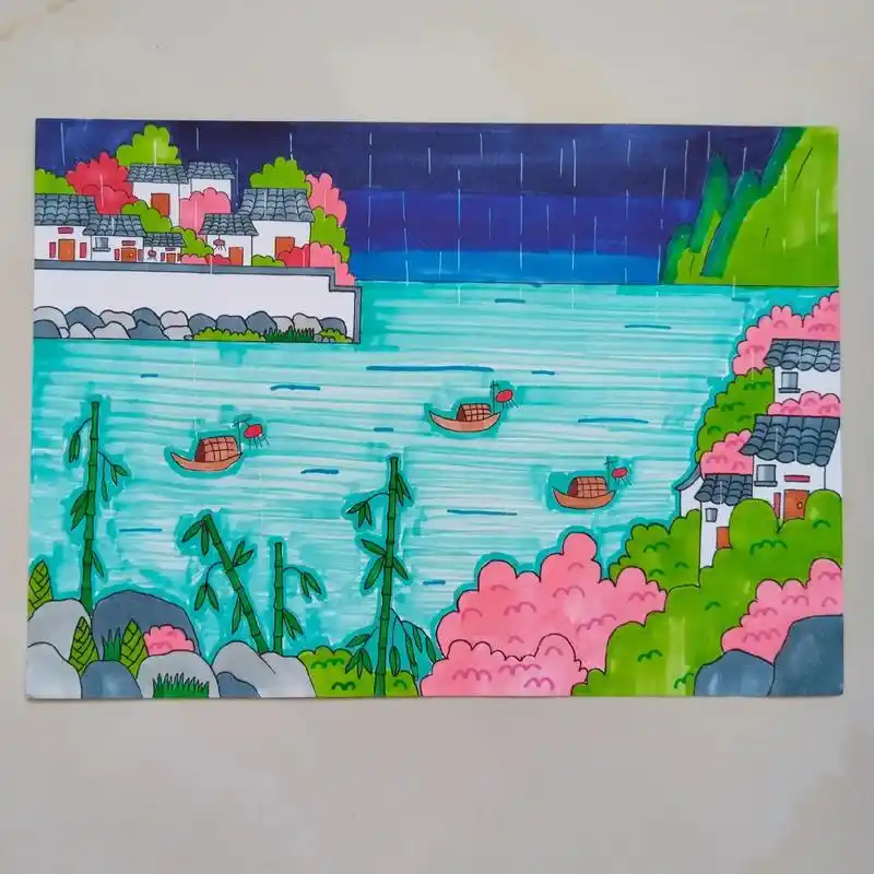 古诗配画《春夜喜雨》#古诗词的魅力 #原创手绘 #绘画过程分 - 抖音