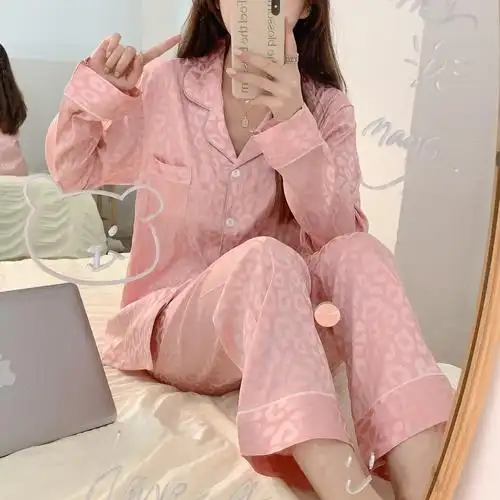 工厂批发春秋季丝绸冰丝睡衣女纯欲粉色长袖家居服薄仿真丝套外贸