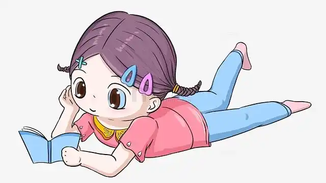 扎着小辫子趴着看书的小女孩