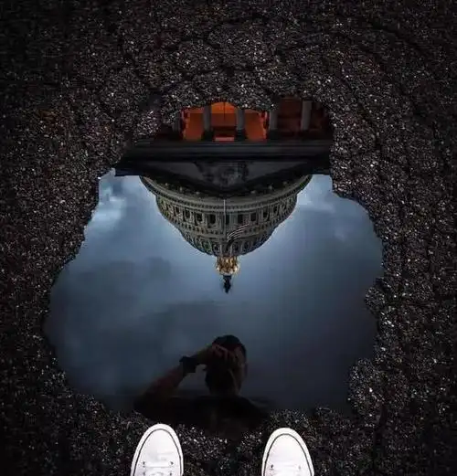 这张照片,看起来有点超现实主义,其实它就是一个在普通不过的水坑里的