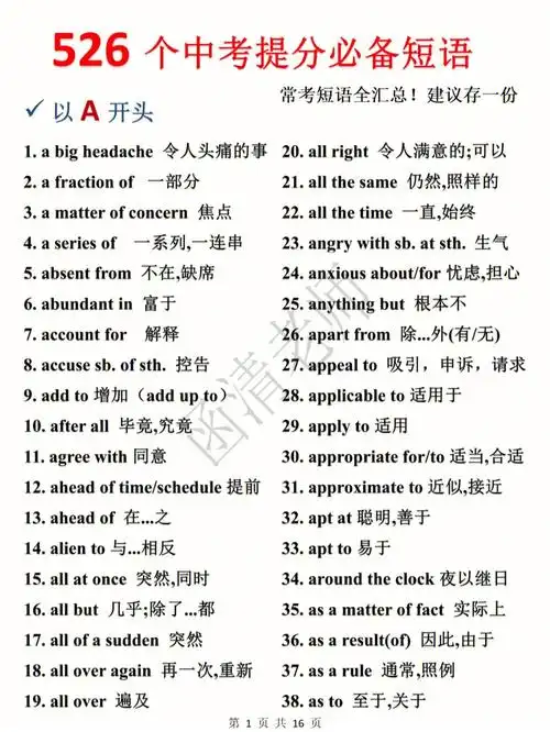 526个中考提分必背短语6015从a-z开头的短语汇总!