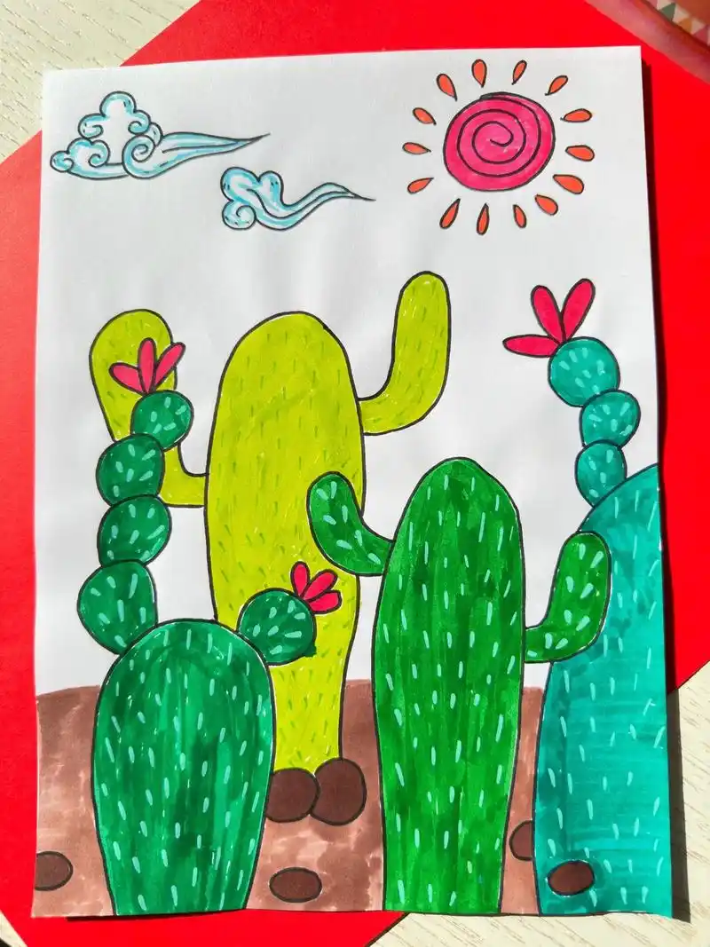 儿童画 #仙人掌  - 抖音
