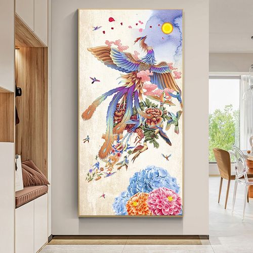 2023新款5d钻石画百鸟朝凤满钻玄关竖版大气水钻十字绣带框免裱新