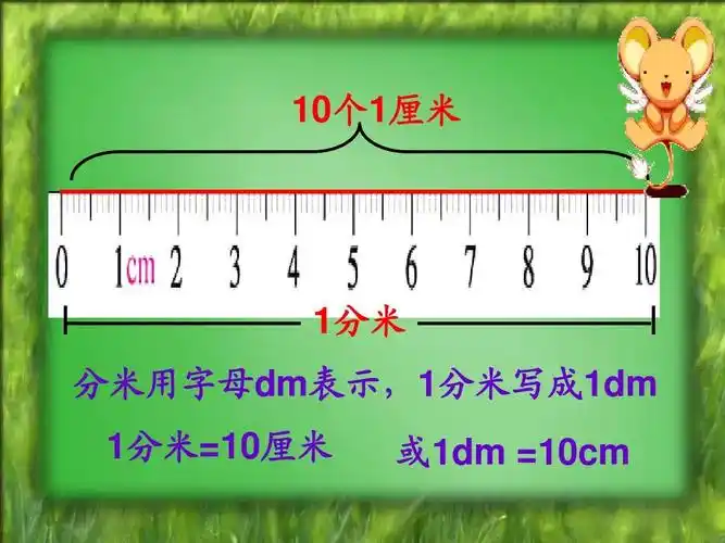 1分米 分米用字母dm表示,1分米写成1dm 1分米=10厘米 或1dm =10cm