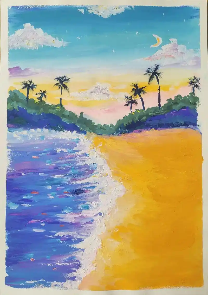 水粉画分享《海边》#儿童绘画作品 #水粉画 #儿童画风景画教 - 抖音