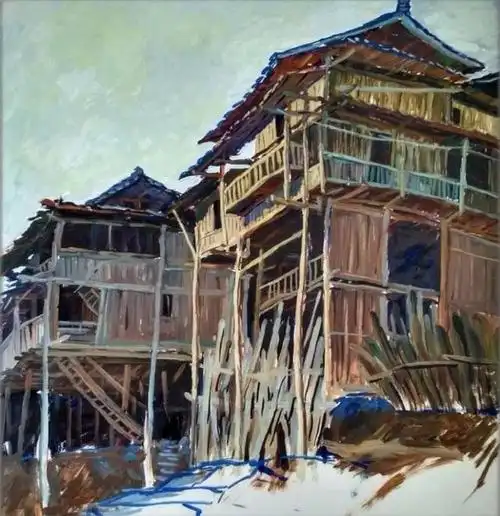 《程阳苗家吊脚楼》水粉